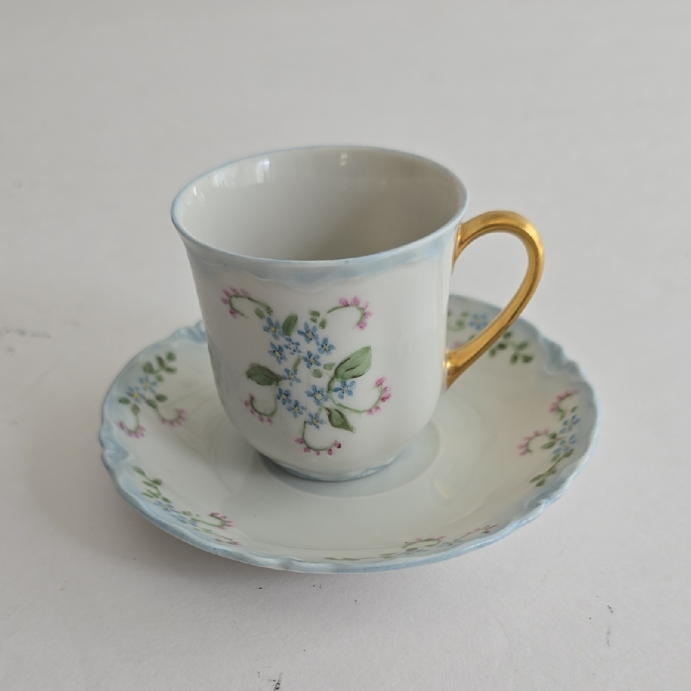 Vintage Set Of 2 Demitasse Cup Saucer Bavaria Hutschenreuther China "Blue Rock" - Picture 1 of 11